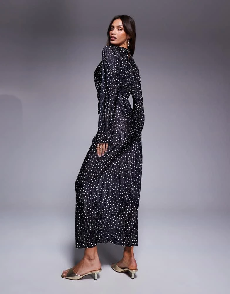 ASOS Design plisse high neck long sleeve wrap waist maxi dress in dot-Multi ASOS Design plisse high neck long sleeve wrap waist maxi dress in dot-Multi