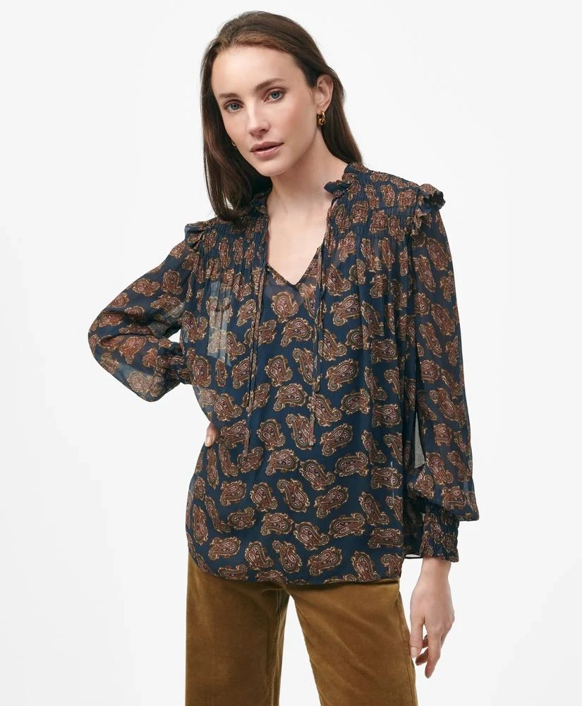 Brooks Brothers Ruffle Detail Tie-Neck Blouse in Paisley Chiffon with Removable Camisole 3