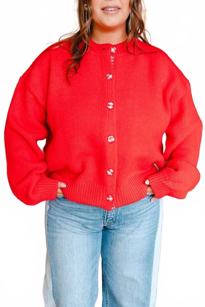 WISHLIST Plaid Button Cardigan In Red