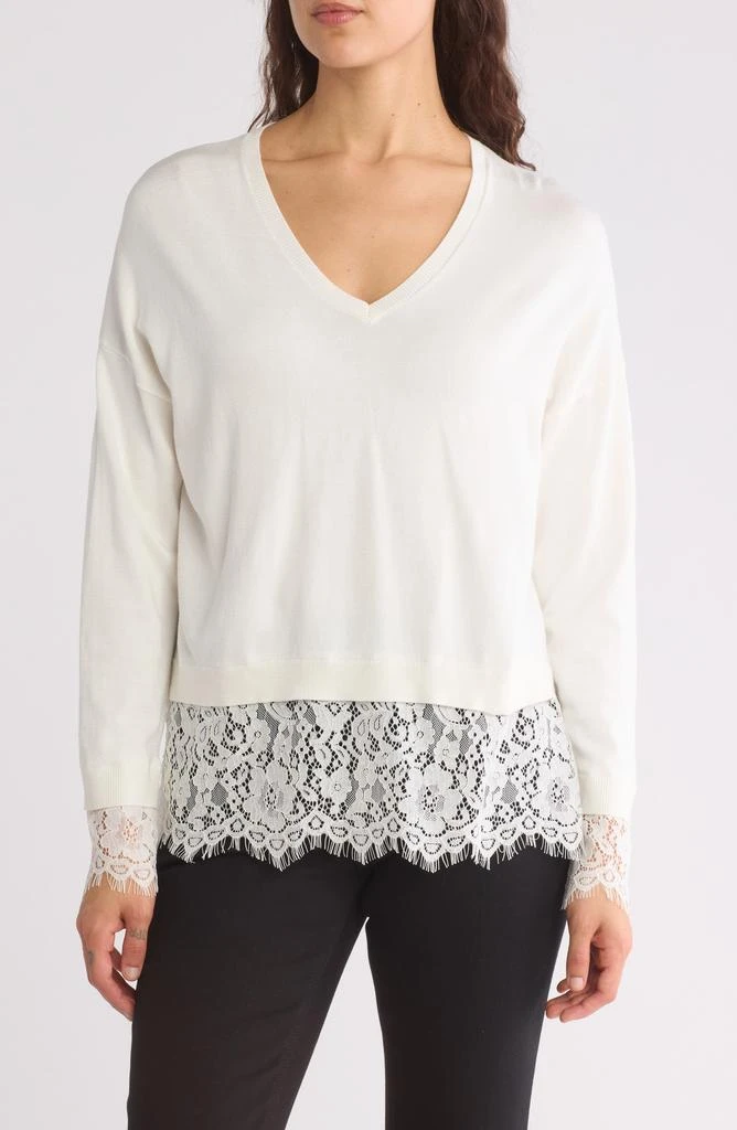 Adrianna Papell V-Neck Lace Trim Sweater 1