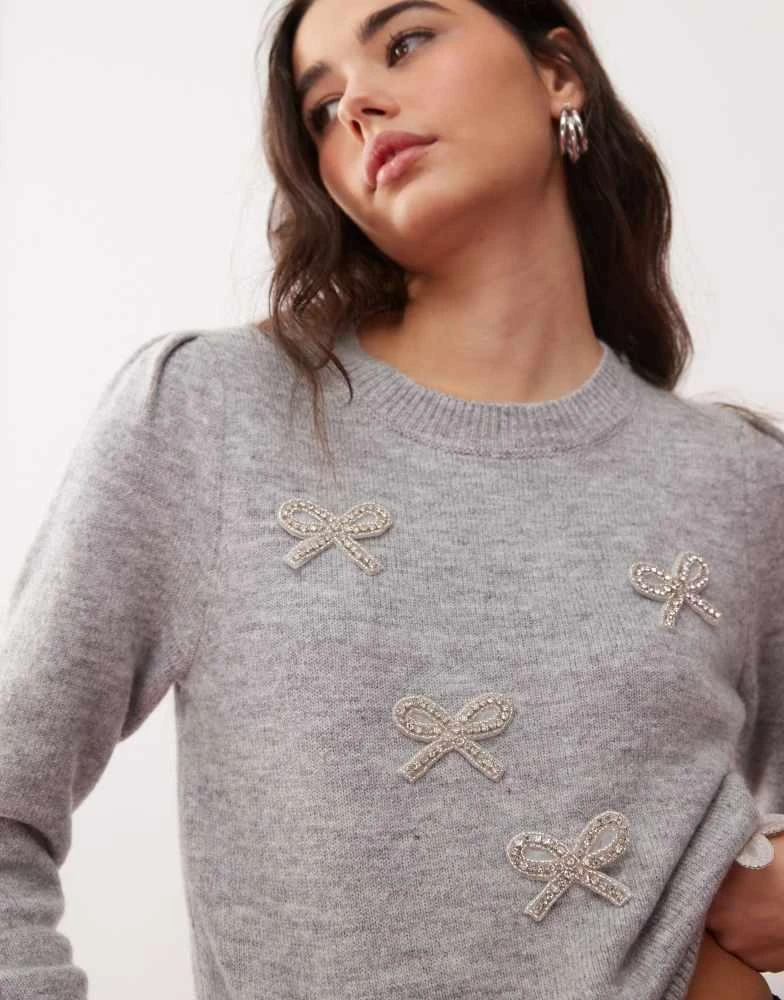 Miss Selfridge Miss Selfridge diamante puff sleeve jumper in grey marl 4