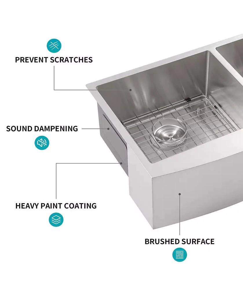 Flynama 33x21x10 Inch Double Bowl 60 and 40 Farmhouse Apron Front Kitchen Sink 16 Gauge T304 Stainless Steel With Two 10 Inch Deep Basin 4