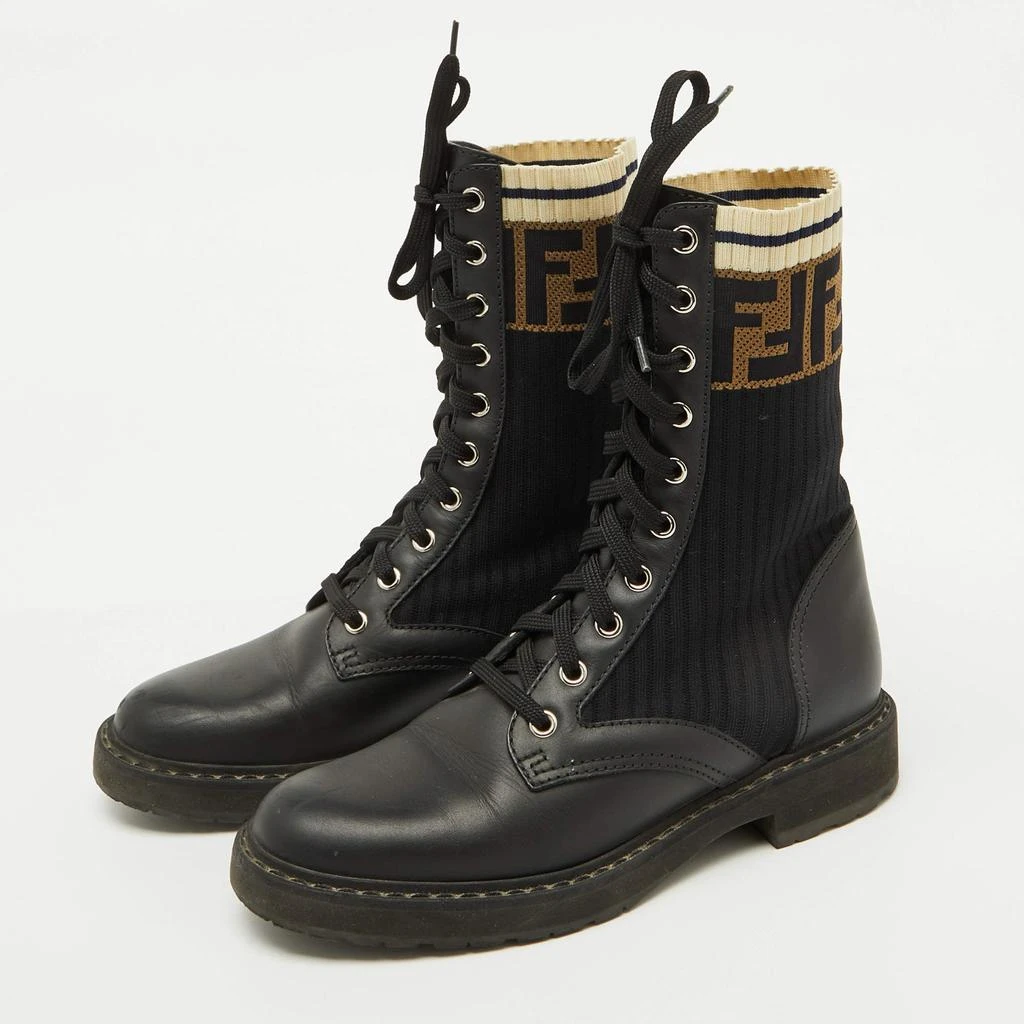 Fendi Fendi Black Leather and Zucca Stretch Fabric Rockoko Combat Boots Size 35.5 2