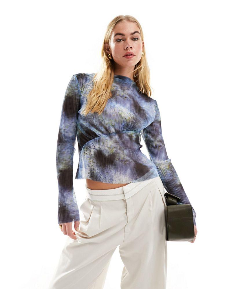 & Other Stories & Other Stories long sleeve mesh top with asymmetric bodice in blurred inky print