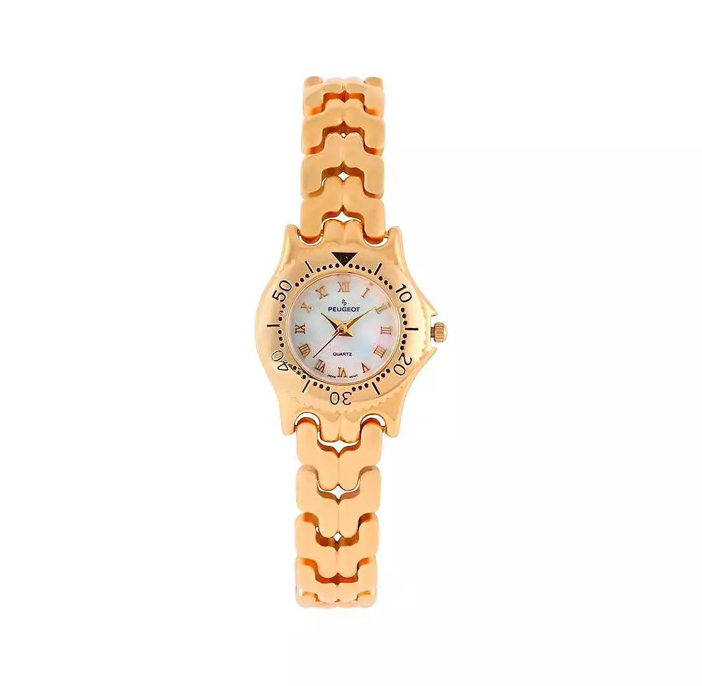 Peugeot Womens Round 25mm 14K Gold Plated Wrist Watch- Mother of Pearl Dial