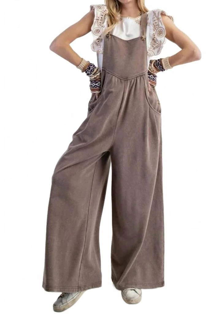 Easel Washed Terry Knit Overalls In Mocha