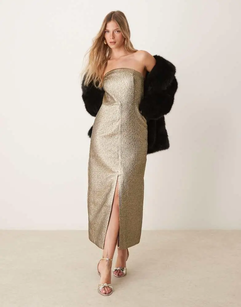 Abercrombie & Fitch strapless midi dress in gold metallic