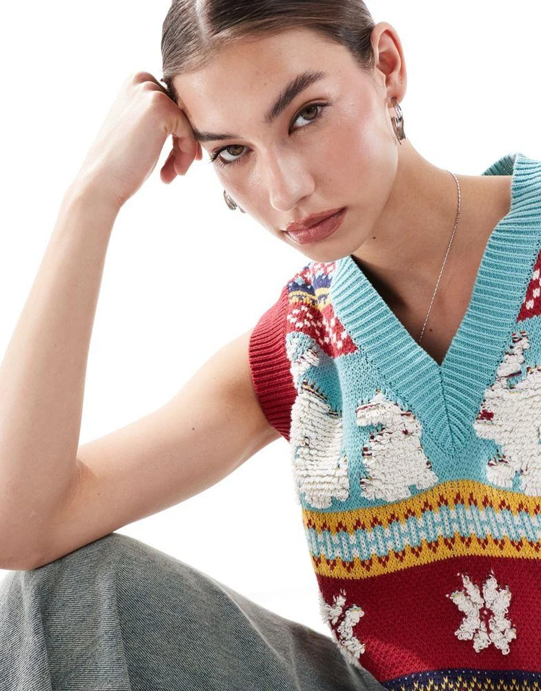 Urban Revivo Urban Revivo v-neck rabbit intarsia knitted vest top in multi 2