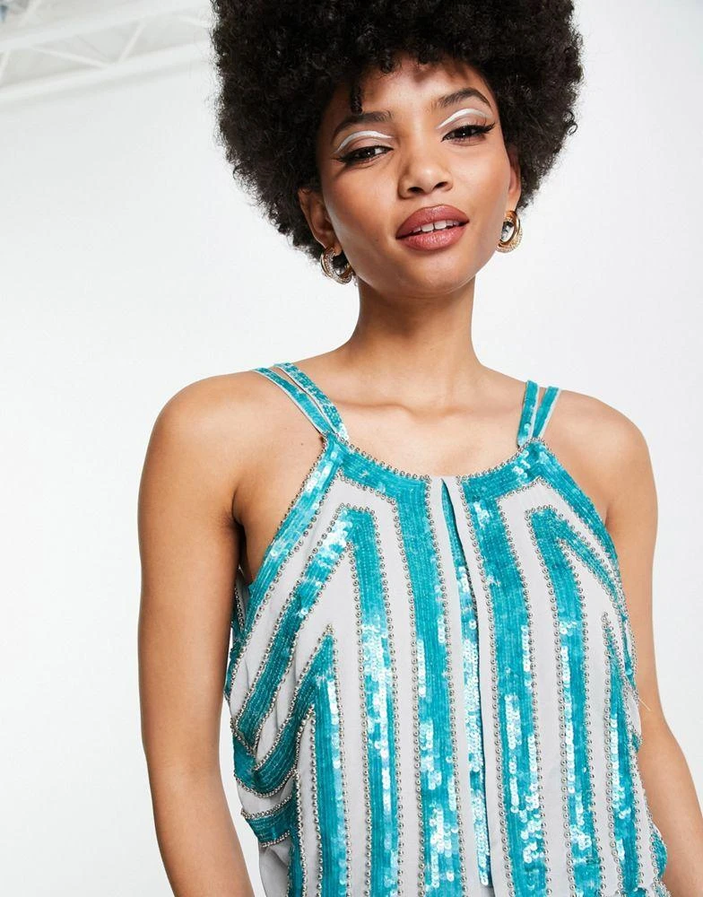 ASOS DESIGN ASOS DESIGN Tall linear embellished mini dress with maxi overlay and ball bearing embellishment in blue 3