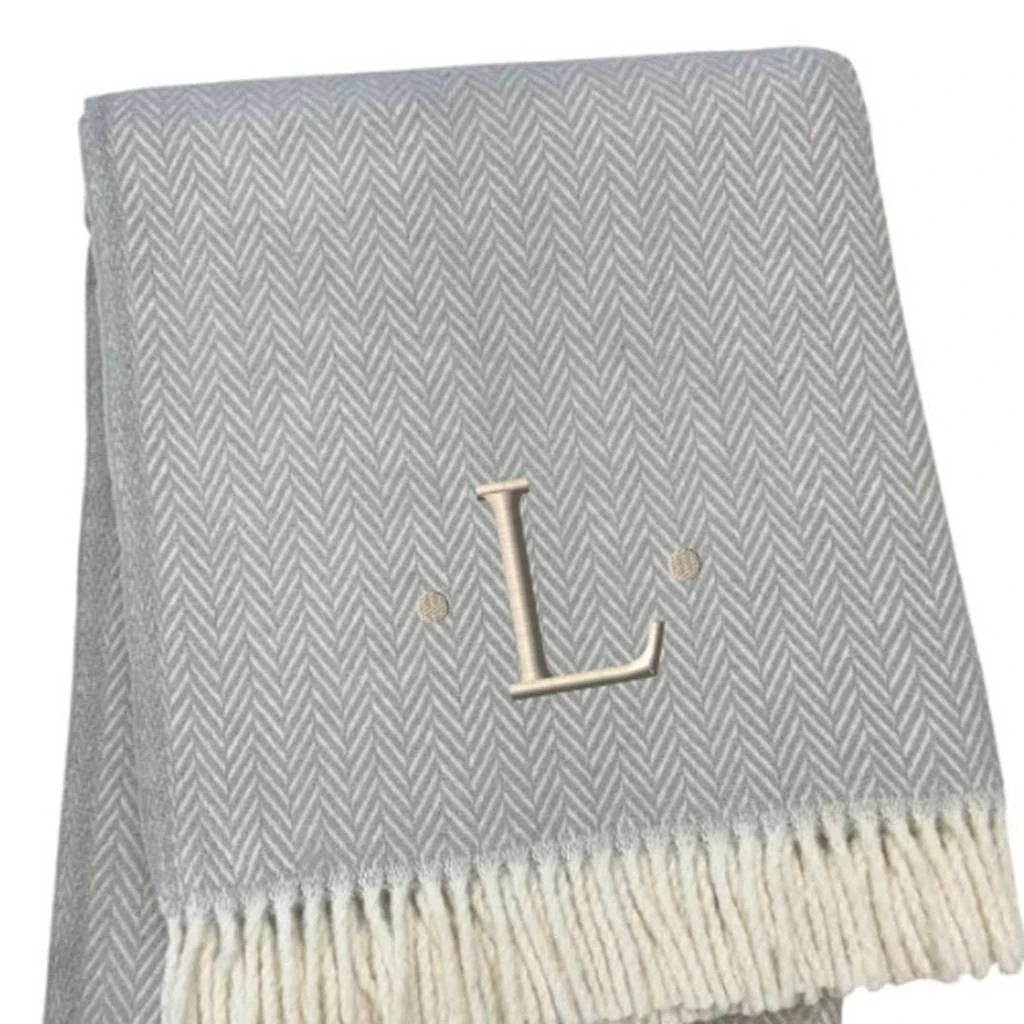 Hivvago 55" X 70" Gray And White Herringbone Cotton Blend L Initial Throw Blanket with Tassels And Embroidery 4