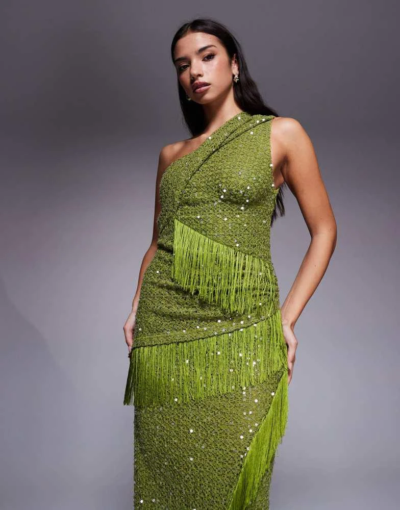 ASOS DESIGN sequin knit twist one shoulder midi dress with drape fringe  panels in green  On Sale Now with Up to 10% Off | Discover Exclusive Deals  & Savings at BeyondStyle