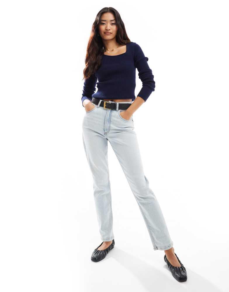 Y.A.S. YAS asymmetric neck long sleeve knitted top in navy - NAVY