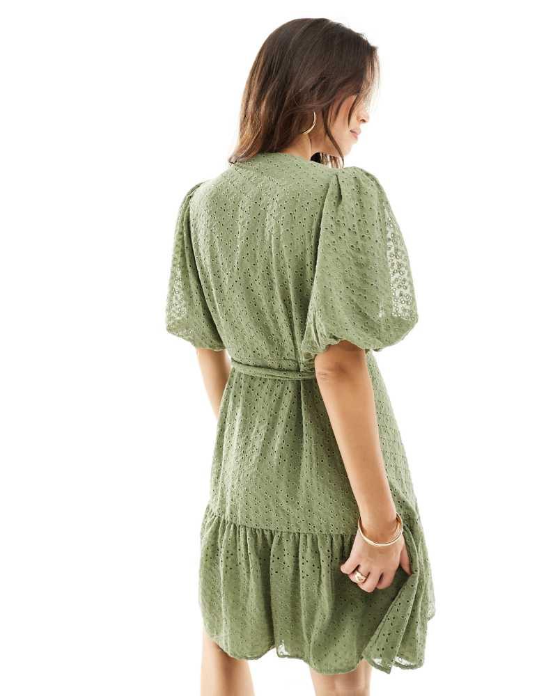Y.A.S. YAS broderie wrap mini dress in green  - KHAKI