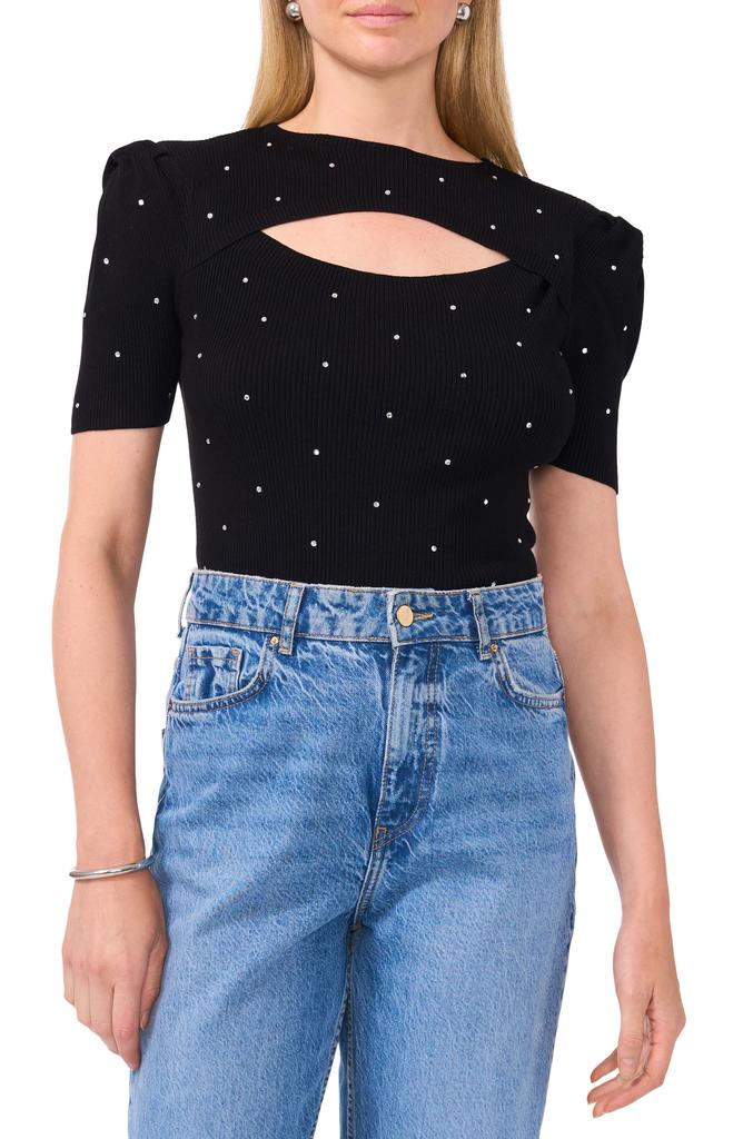 1. State Rhinestone Cutout Short Sleeve Sweater