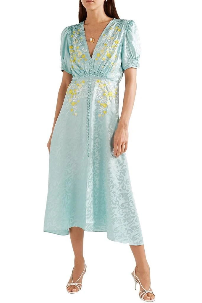 Saloni Lea shirred embroidered silk-satin jacquard midi dress 3