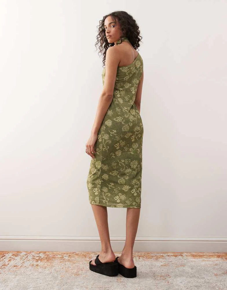Reclaimed Vintage Reclaimed Vintage one shoulder midi dress with scarf detail in green print 3