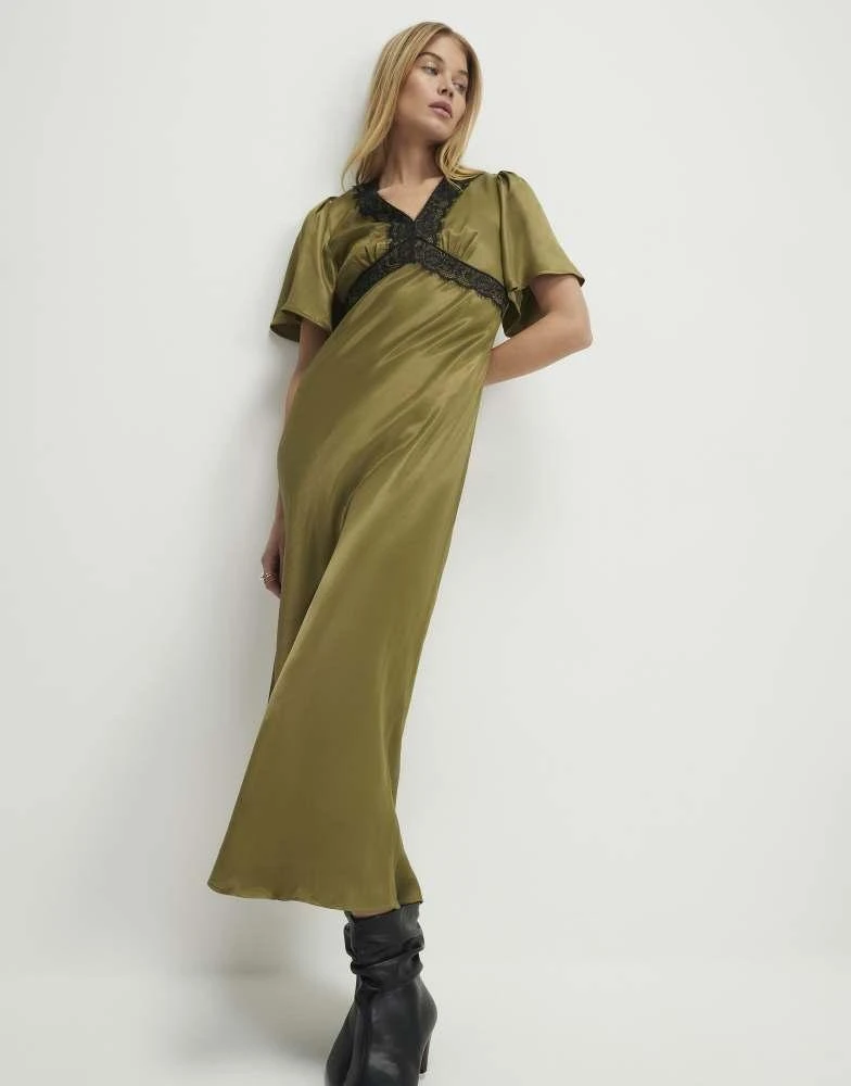 River Island River Island V neck lace slip dress in khaki