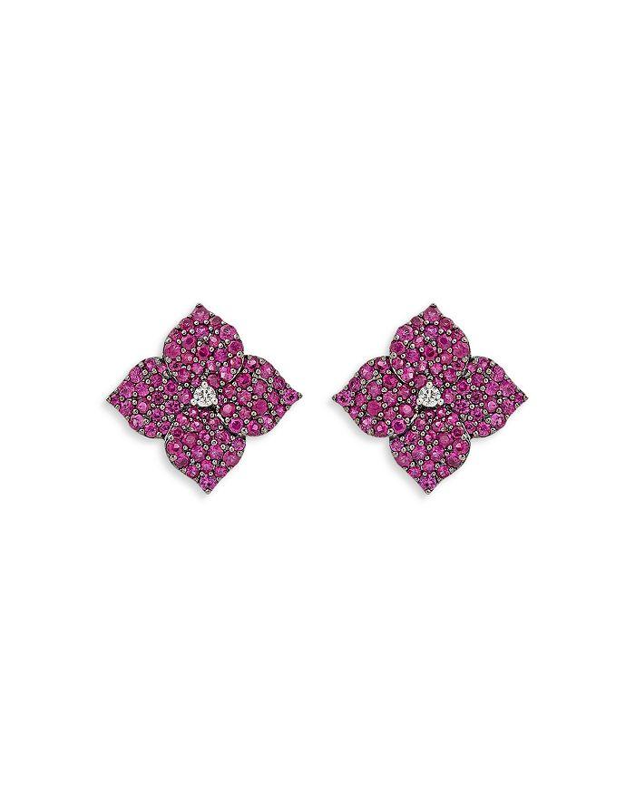 Piranesi 18K Rose Gold Deep Pink Sapphire 
Diamond Flower Earrings