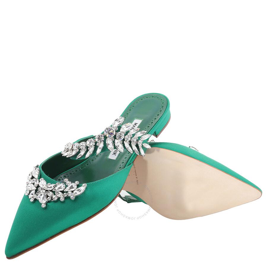 Manolo Blahnik Ladies Lurum Crystal Satin Flat Mules