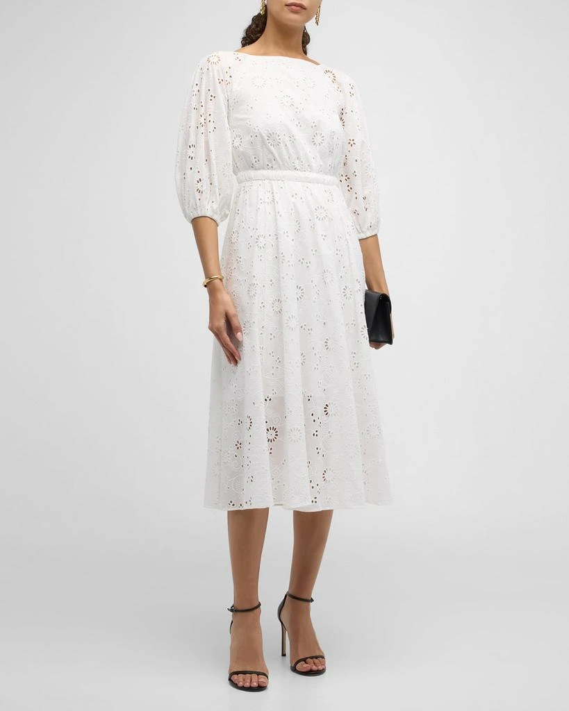 Carolina Herrera Shirred Puff-Sleeve Broderie Anglaise Midi Dress 3