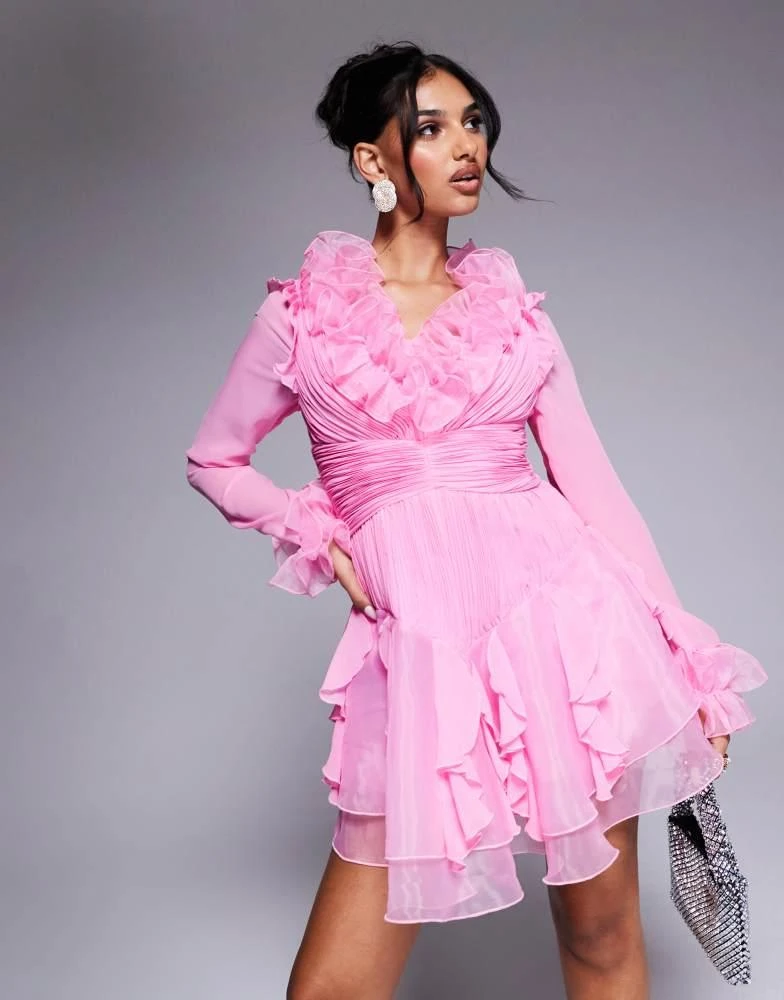 Shop ASOS LUXE organza long sleeve exaggerated ruffle mini dress in Pink on  Sale at BeyondStyle  Get 60% Off ASOS LUXE organza long sleeve exaggerated  ruffle mini dress in Pink with