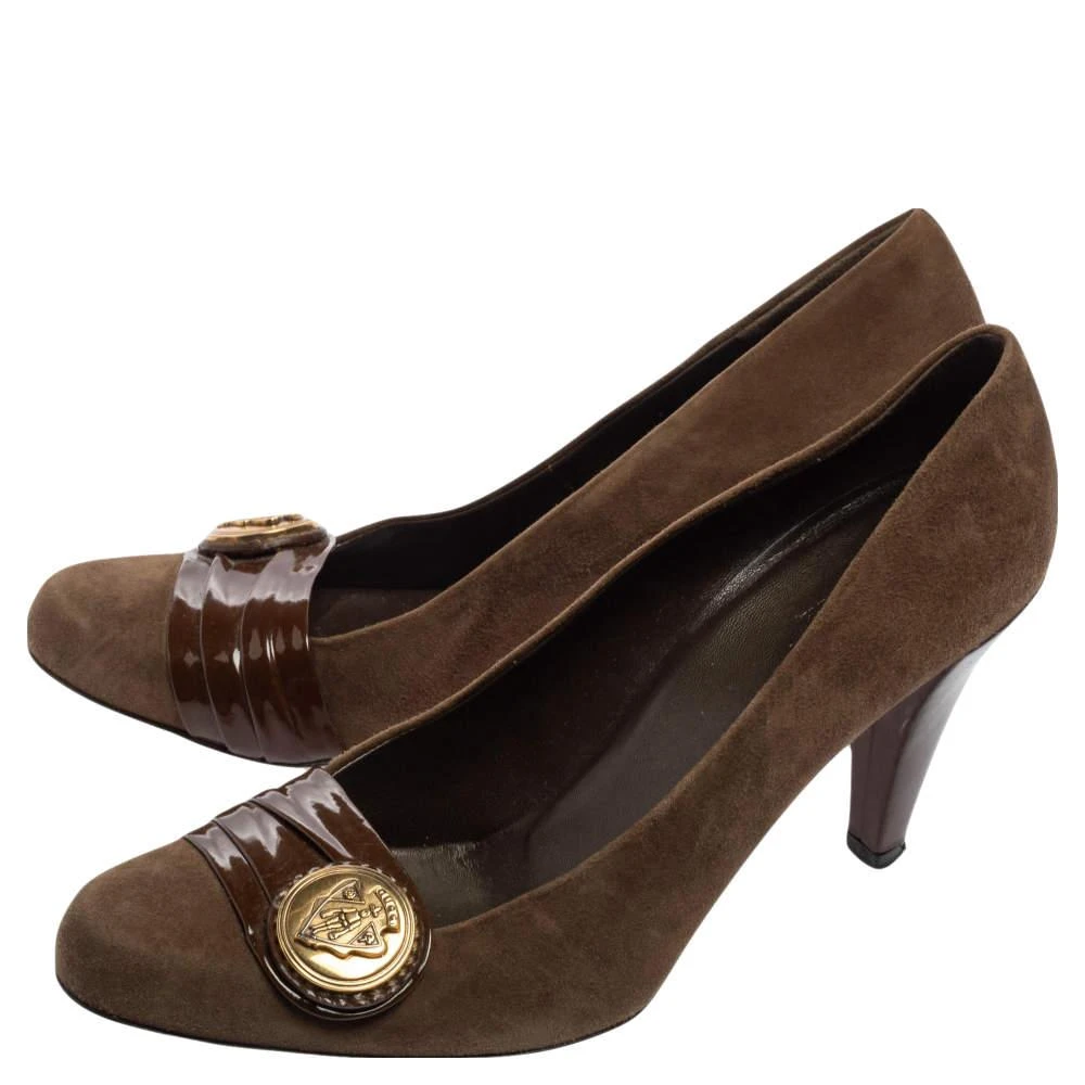 Gucci Gucci Brown Suede And Pleated Patent Leather Logo Buckle Pumps Size 38.5 4