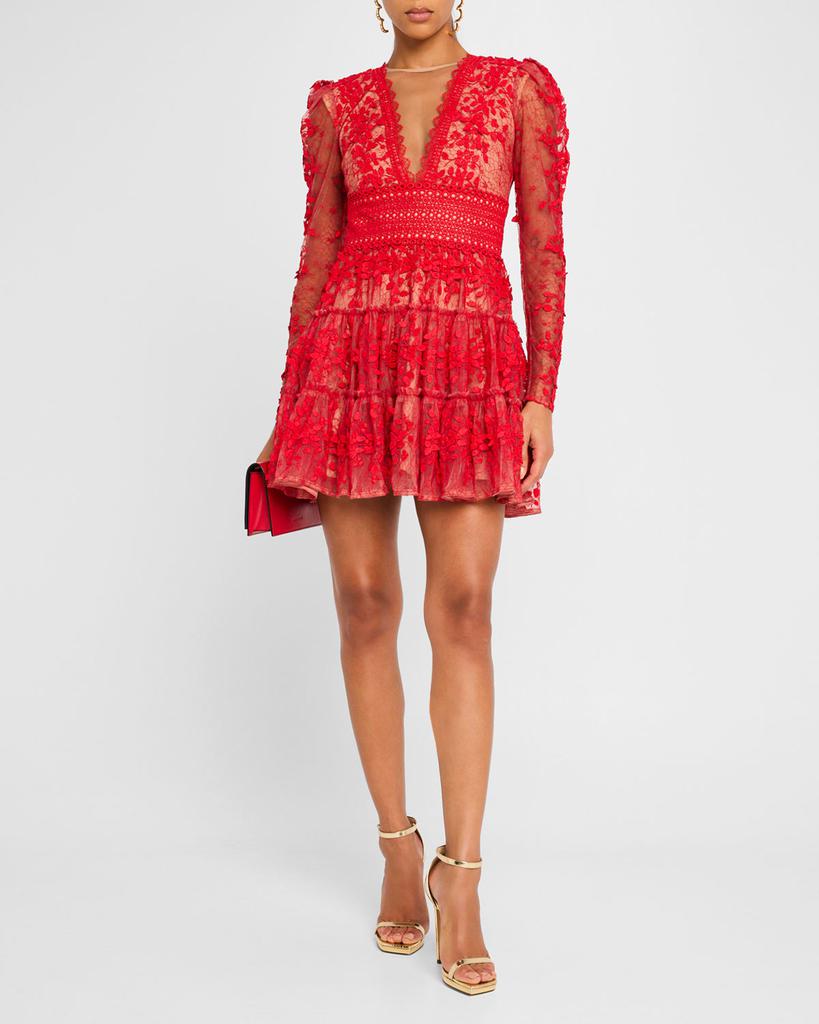 BRONX AND BANCO Megan Tiered Floral Applique Lace Mini Dress