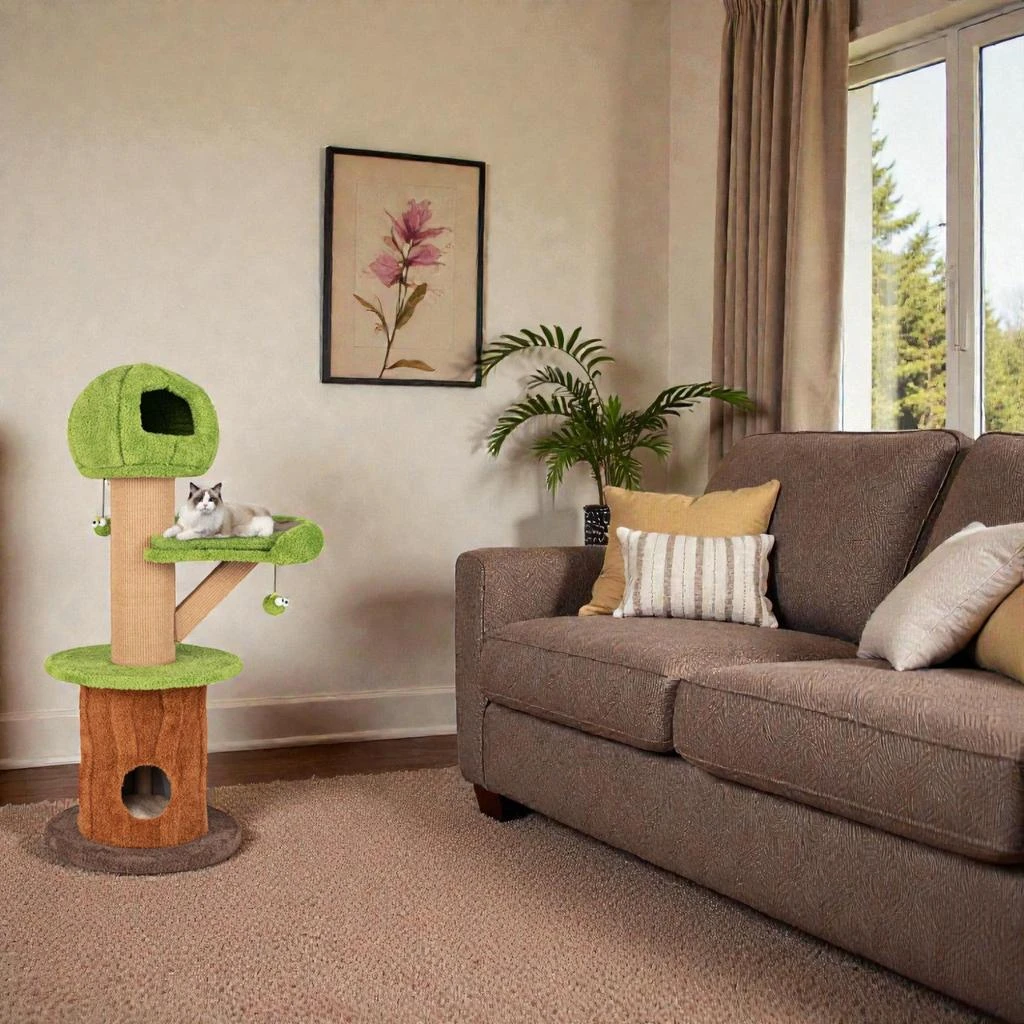 Hivvago Indoor Mushroom-Themed Cat Tower with Two Cozy Condos, Plush Perch, and Hanging Toys