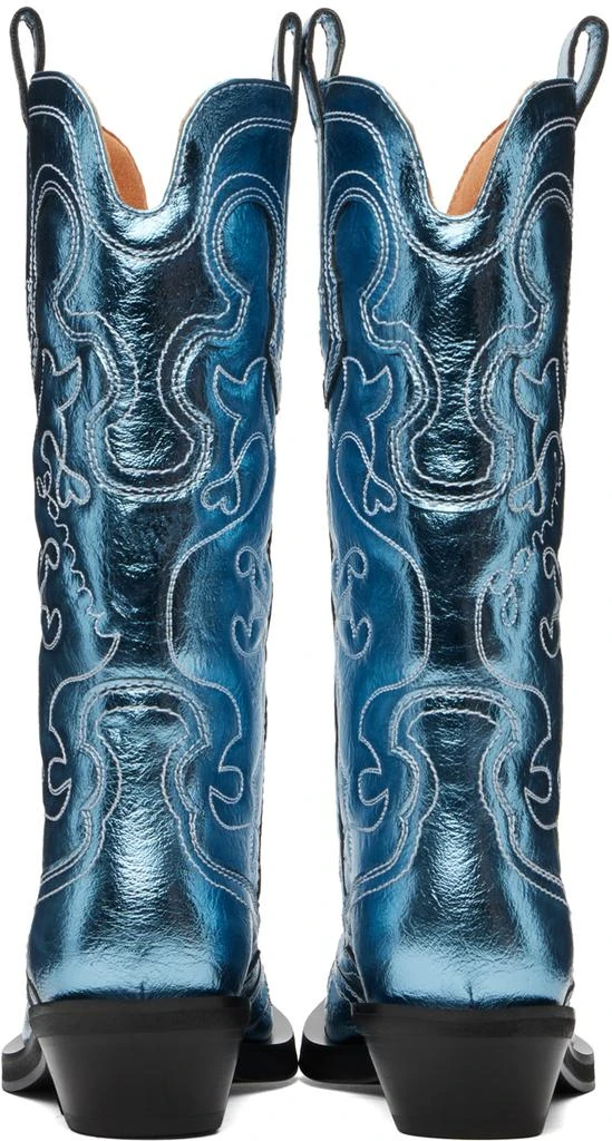Ganni Blue Metallic Mid Shaft Embroidered Western Boots 2