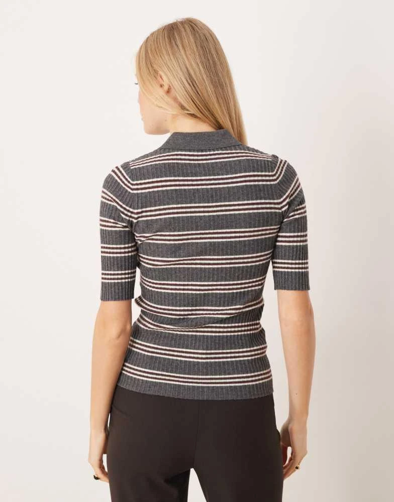 Mango Mango short sleeve knitted polo top in grey stripe 4