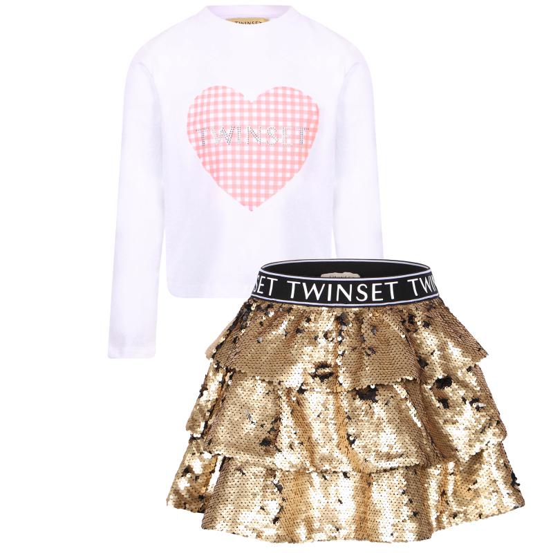 TWINSET Checkered heart logo long sleeved t shirt and shiny sequin cascade layers skirt set in white and golden