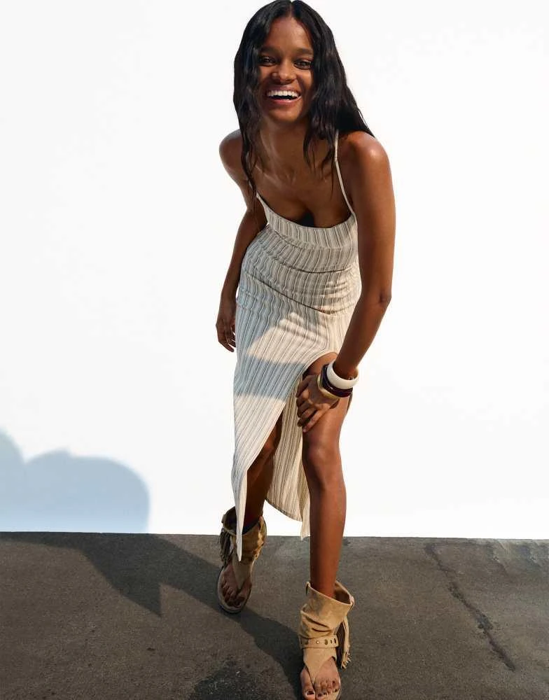 Bershka Bershka strappy rustic midi dress in white 4