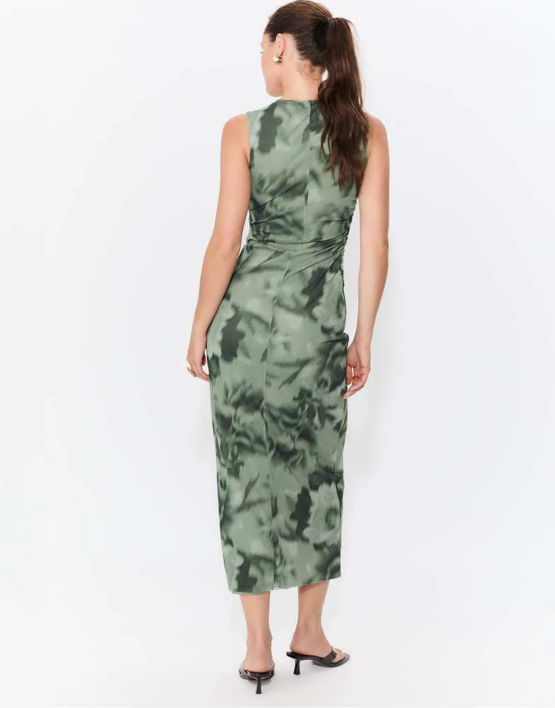 Stradivarius Stradivarius Printed tulle midi dress in khaki 3