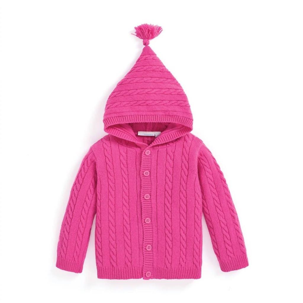 JoJo Maman Bébé Girl
s Hooded Cable Knit Cardigan In Fuchsia