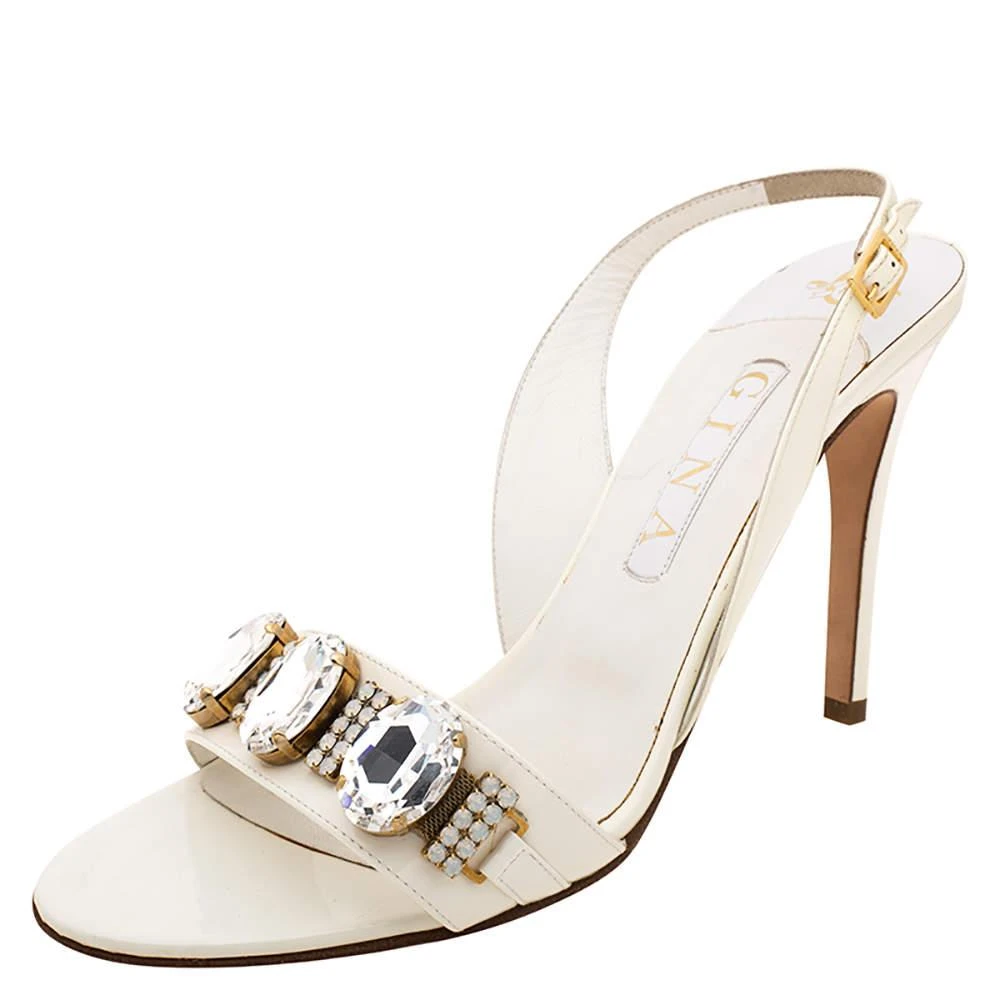 Gina Gina White Leather Crystal Embellished Slingback Sandals Size 41 1