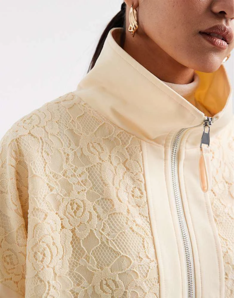 Miss Selfridge Miss Selfridge lace insert funnel neck track jacket in buttermilk 4