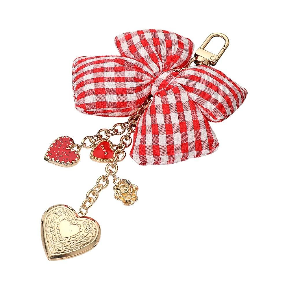 FASHNZFAB Checkered Bow Accent Heart Locket Charm Drop Keychain Bag Charm 2