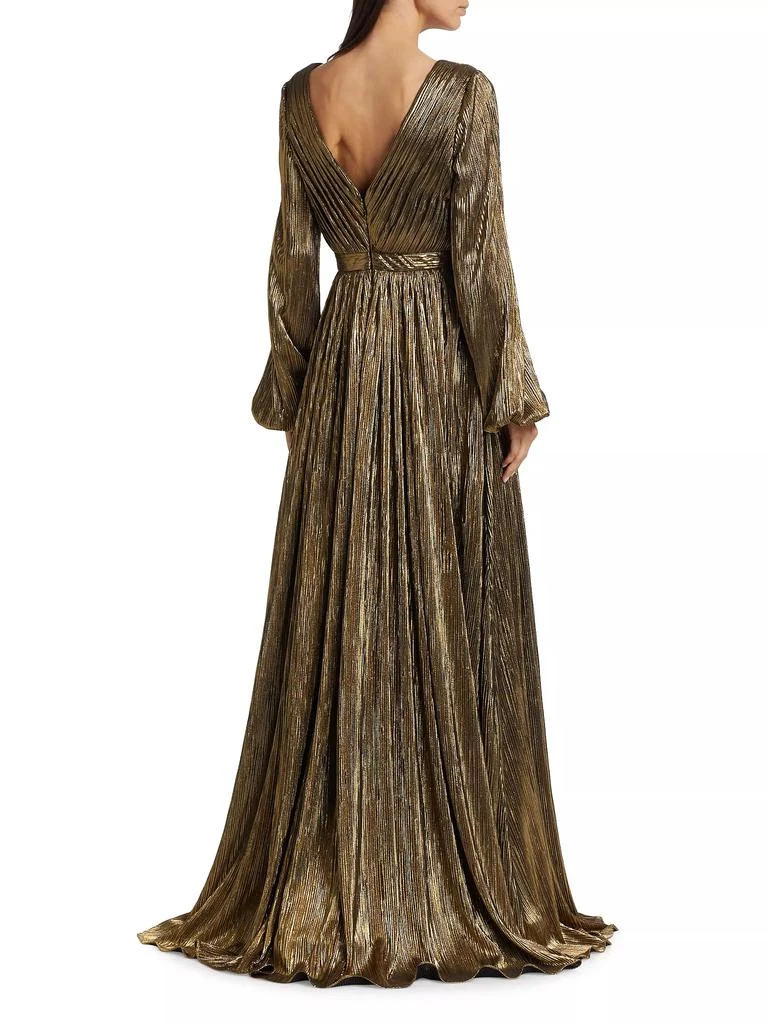 Badgley Mischka Metallic Pleated Georgette Long-Sleeve Gown 5