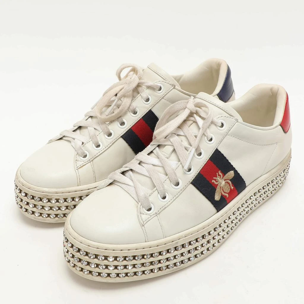 Gucci Gucci White Leather And Bee Web Detail New Ace Crystal Embellished Platform Sneakers Size 37 2