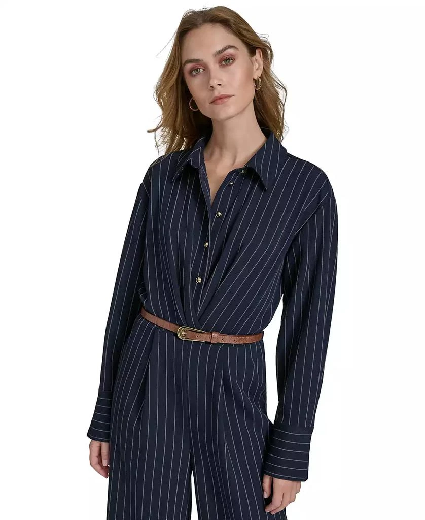 HALSTON Women's Pinstripe Long-Sleeve Belted Wide-Leg Jumpsuit 3