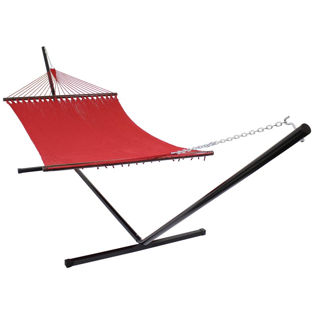 Sunnydaze Outdoor 2-Person Double Polyester Rope Hammock with Wood Spreader Bar and 15ft Black Steel Stand