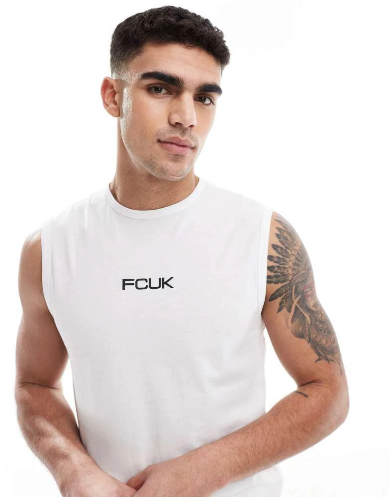 French Connection Mens French Connection FCUK sleeveless t-shirt vest in white with black logo 3