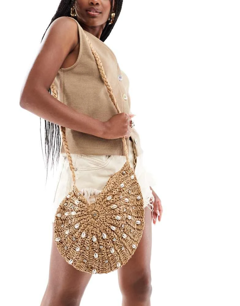 Stradivarius Stradivarius faux shell detail raffia bag in beige 1