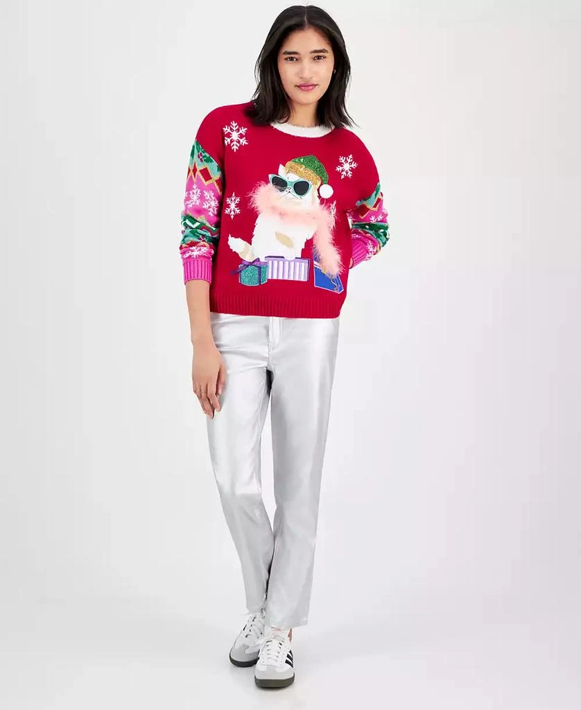 Hooked Up by IOT Juniors' Glam Cat Christmas Sweater 2