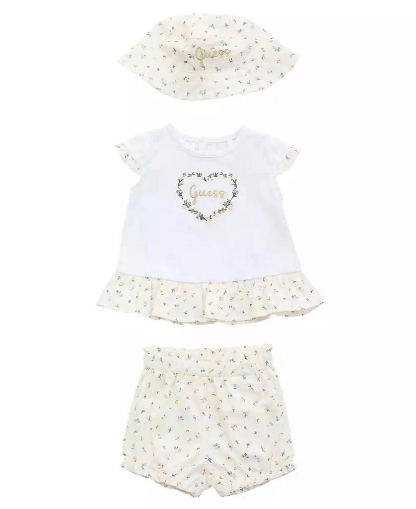 GUESS Baby Girls 3-Piece Short Sleeve T-Shirt, Shorts, and Bucket Hat Set 1