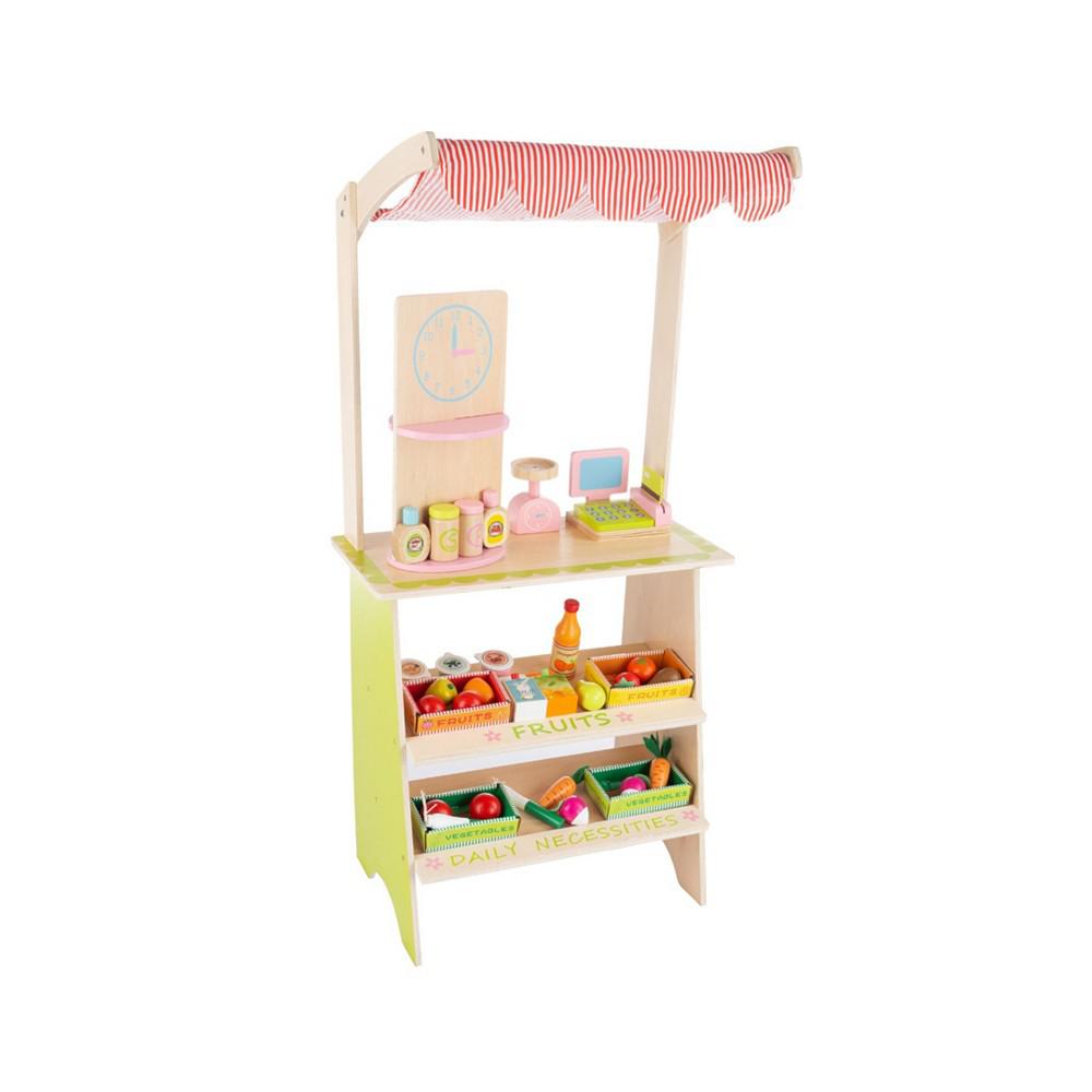 Trademark Global Hey Play Kids Fresh Market Selling Stand - Wooden Grocery Store Playset With Toy Cash Register, Scale, Pretend Credit Card And Food Accessories