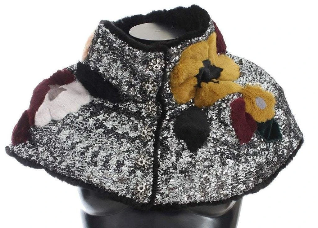 Dolce & Gabbana Dolce & Gabbana  Silver Sequined Floral Weasel Fur Shoulder Scarf Wrap 1