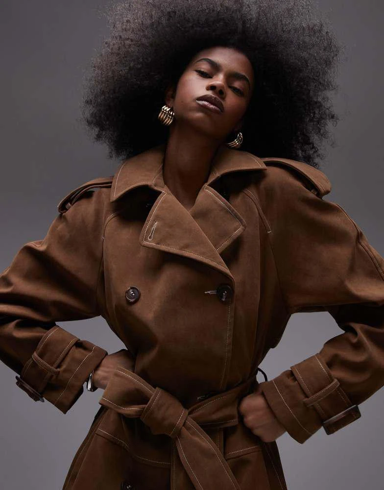 Topshop Topshop longline oversized faux suede trench coat in contrast stitch brown 3
