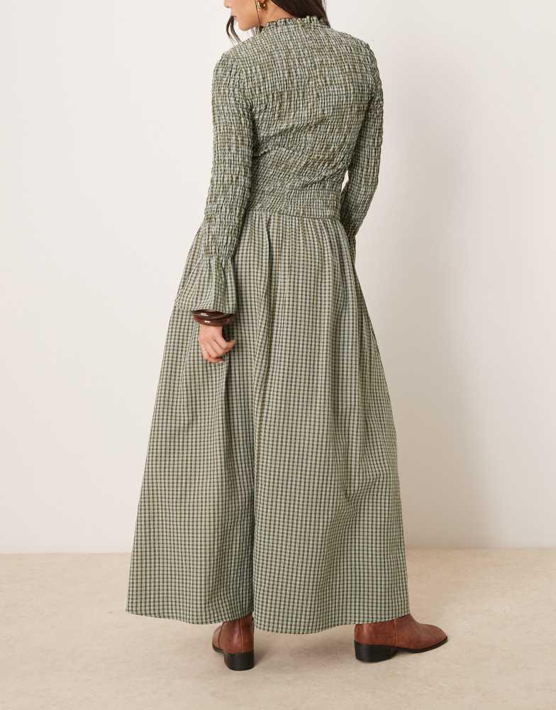 Glamorous Glamorous long sleeve shirred maxi dress in green and blue check