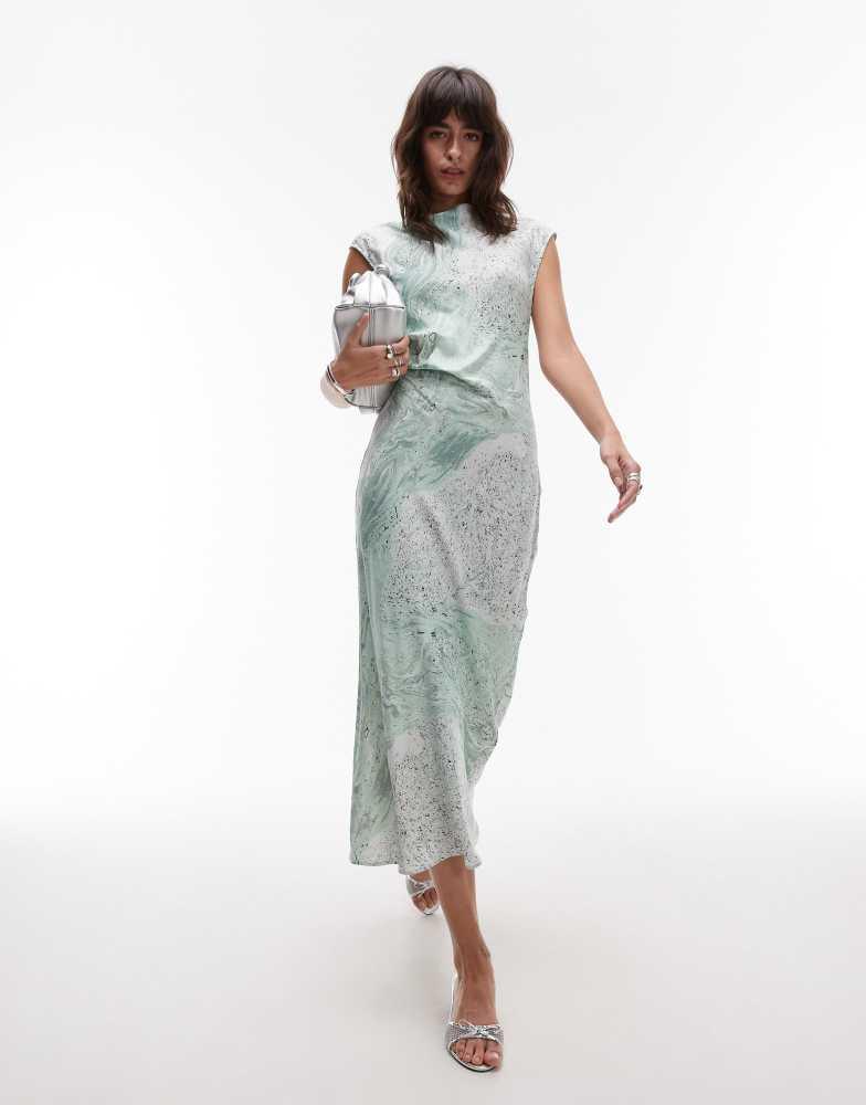 & Other Stories & Other Stories bias cut satin midi dress with drape detail in green oil print